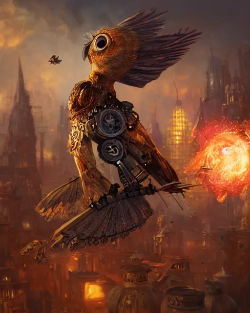 Image similar to oil painting of Anthropomorphized Steampunk Owl shooting steampunk gun, sharp focus, exploding golden steampunk city background, heroic pose, fantasy style, octane render, volumetric lighting, 8k high definition, by greg rutkowski, highly detailed, trending on art Station, magic the gathering artwork, centered, dramatic artwork