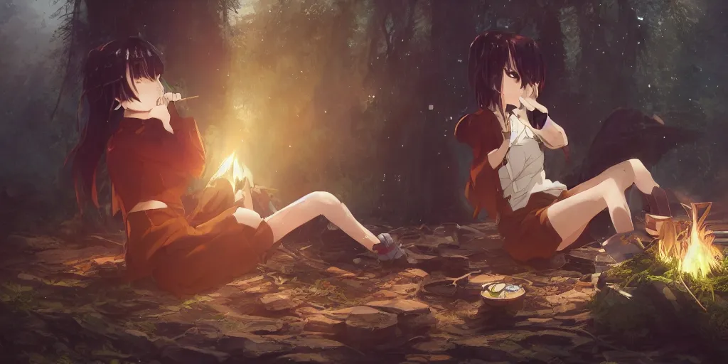 Image similar to An anime girl by WLOP with short black hair and green eyes in a tan trenchcoat sitting on a log and drinking tea by the campfire by her motorcycle at night under the stars, elegant scene, wide angle, cinematic lighting, atmospheric, ultrarealistic, trending on artstation, cgsociety, highly detailed, color graded, in the style of craig mullins, rendered in Unreal Engine 4k HQ, horizon forbidden west