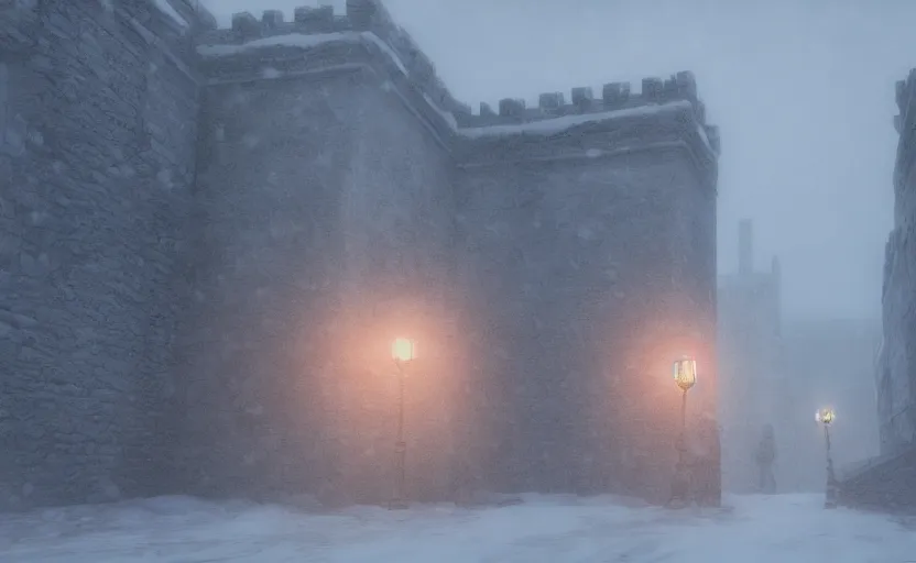 Image similar to the high city wall in the snowstorm, doomy, Unreal Engine, cinematic photography, highly-detailed, games of thrones, HBO, high resolution, 8k, photorealistic, stunning volumetric lighting