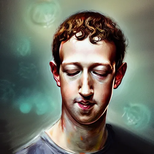 Image similar to hyper realistic, portrait of mark zuckerberg ethnicity : asian, painted by greg rutkowski, wlop, loish,