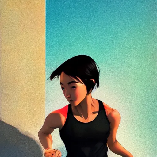 Prompt: a portrait of an asian female parkour runner with a black tank top and white running pants, city setting, vivid colors, soft lighting, atmospheric, cinematic, moody, in the style of Ilya Kuvshinov and Range Murata, Krenz Cushart, rule of thirds, oil on canvas, 8k