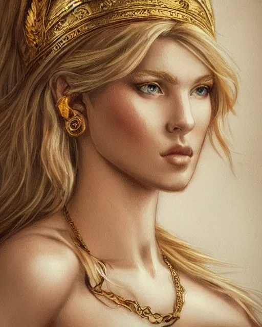 Image similar to tattoo sketch of blonde super model aphrodite greek goddess wearing a gold laurel wreath and triangle earrings, beautiful piercing gaze with sharp pupils, in the style of greg rutkowski, fantasy, amazing detail, epic, elegant, smooth, sharp focus, front view