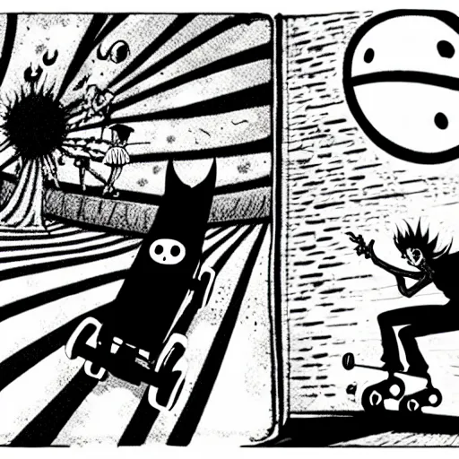 Image similar to black and white trippy comic art of dracula roller skating on roller skates, drawn by martin rowson, tim burton, studio ghibli, alex pardee, nekro petros afshar, james mcdermott, cgsociety 4 k