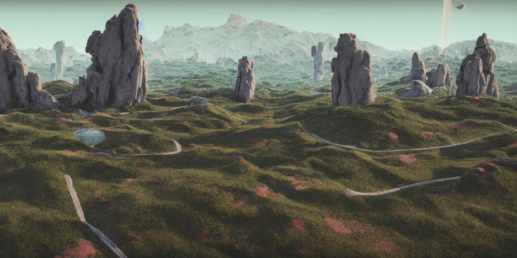 Image similar to 3d painted landscape with a single small yugoslavian brutalism monument in the center by james jean in no mans sky style, redshift, octane