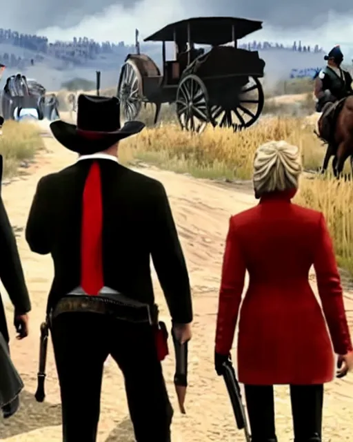 Prompt: Donald Trump, Joe Biden and Hillary Clinton in RDR2. They are robbing a stagecoach as a team. Alex Jones is riding the stagecoach. gameplay screenshot