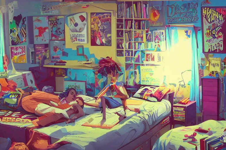 Prompt: a room of an american teen, graffiti and posters on the wall, bed, guitar, bookshelves, toys, bright, 8 0 s style, nostalgic, the sun shines in, warm, cozy, isometric art, bright, artstation, highly detailed, cinematic lighting + masterpiece