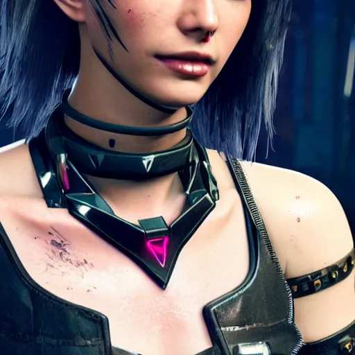 Image similar to female V from Cyberpunk 2077 wearing spiked black choker, steel collar, steel choker, punk, steel collar, 4K, realistic, spiked collar, art, beautiful,