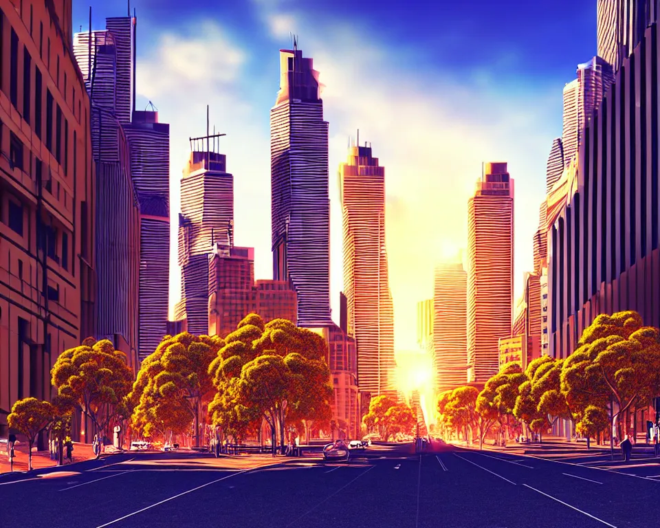 Image similar to sydney in the future, city streets, golden hour, perspective artwork, photorealism