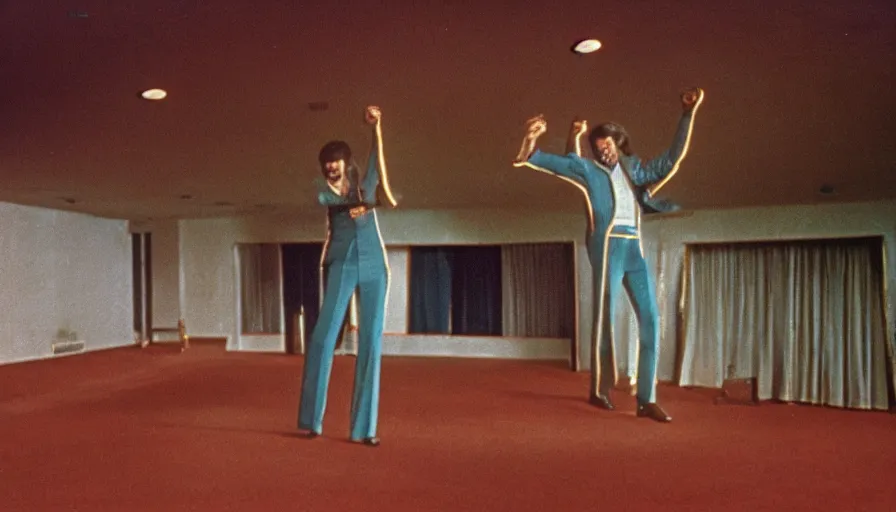 Image similar to 70s movie still of a man with elongated arms in a soviet ballroom, eastmancolor, heavy grain, high quality, higly detailed, liminal space