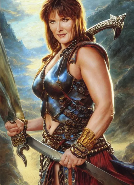 Image similar to Lucy Lawless as Xena as a ruggedly handsome hero holding an enormous large dual wielding sword, intricate, elegant, highly detailed, centered, digital painting, artstation, concept art, smooth, sharp focus, illustration, artgerm, donato giancola, Joseph Christian Leyendecker, WLOP, Boris Vallejo, Artgerm