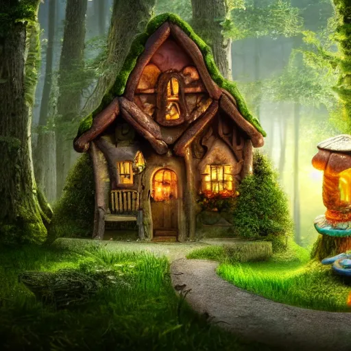 Image similar to A fairy tale toadstool-style house in magical forest, cinematic lighting, photo realistic image, 4K, super detailed, cinematic look, H 1024