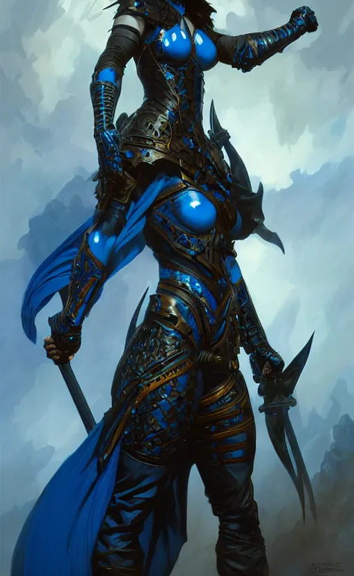 Image similar to Gothic muscular warrior queen in blue and black mythical heavy armor, fantasy, highly detailed, digital painting, artstation, concept art, smooth, sharp focus, illustration, art by artgerm and greg rutkowski and alphonse mucha