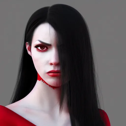 Image similar to portrait of a woman with long black hair and red eyes, wearing a red dress, 8k, close up shot, detailed face, beautiful, octane render, dark lighting, artstation, artgerm, rutkowski, high quality, depth of field, dark colors,