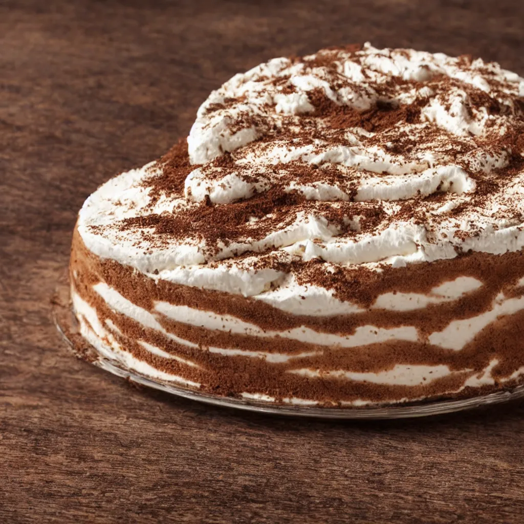 Image similar to close - up view of tiramisu on top of a wooden table, 8 k, high detail, photorealistic, proper shading