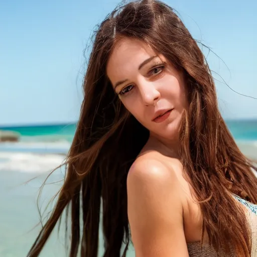 Image similar to A cute and beautiful woman with long shiny bronze brown hair and green eyes, 8k, natural lighting, beach background, medium shot, mid-shot,
