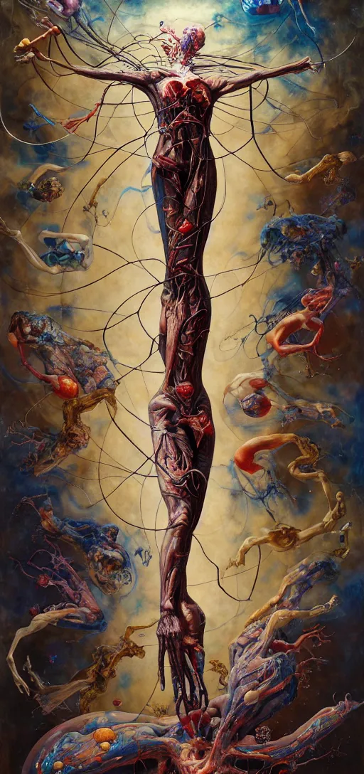 Image similar to a tall, fleshy anatomical figure with extra limbs, hovering in the air, zero gravity, neurons firing, rich colours, karol bak, mark brooks, hauntingly surreal, highly detailed painting by katsuhiro otomo, part by james jean, part by adrian ghenie, part by gerhard richter, soft light 4 k