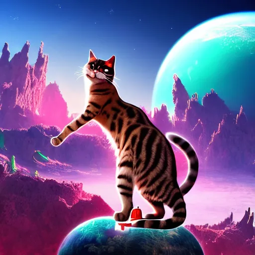 Image similar to gigantic cyborg cat crashes into gothic world planet, fantastic landscape, bright colors, hyperrealism, 4 k resolution, ultra detailed