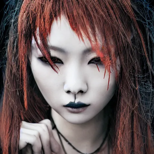 Prompt: japanese gothic model with maximalist hair style and kanji tattoos, charred photo border, dark colors, fashion model, portrait shot, depth of field, 8 k, hyper detailed, intricate, trending on artstation