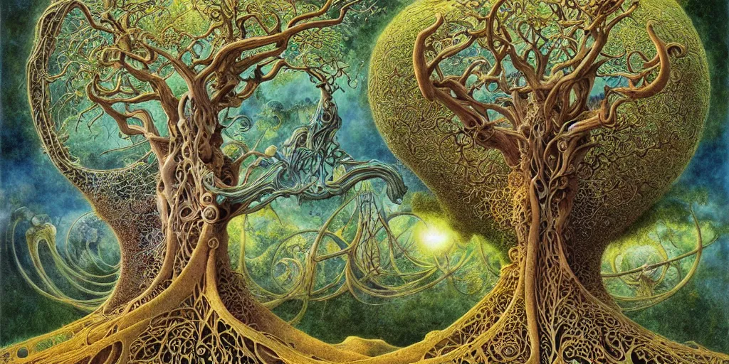 Image similar to tree of life by roger dean and andrew ferez, art forms of nature by ernst haeckel, divine chaos engine, symbolist, visionary, art nouveau, botanical fractal structures, organic, detailed, realistic, surreality