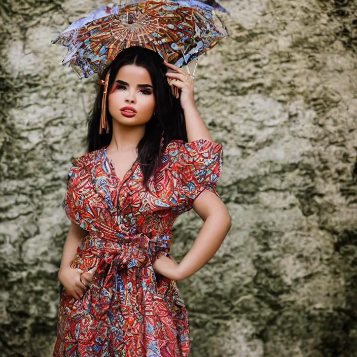 Image similar to portrait of Demi Rose in Jakarta wearing batik and kemben, by Charlotte Grimm, natural light, detailed face, CANON Eos C300, ƒ1.8, 35mm, 8K, medium-format print