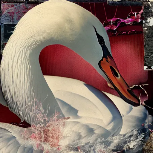 Prompt: a collage of a swan and a woman, dissected blown up, ultra realistic, cinematic