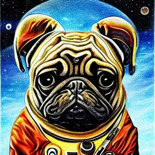 Image similar to pencil art, golden - ratio, spirals, highly detailed, psychedelic astronaut pug in outer space by davinci.