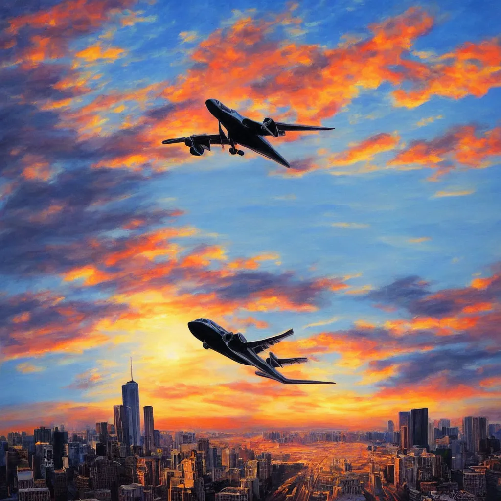 Image similar to Photorealistic painting of a plane flying straight into World Trade Center with a beautiful sunset in the background