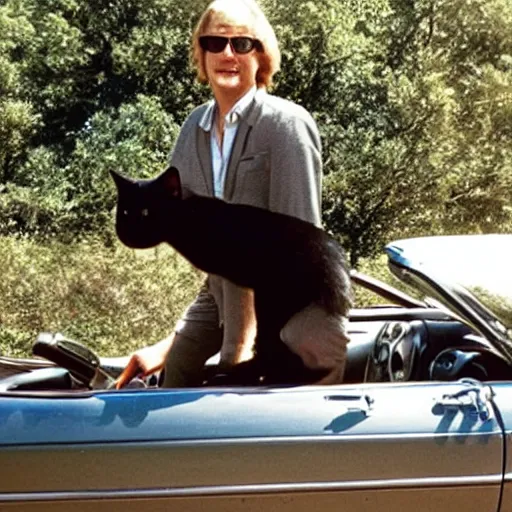 Prompt: A human scaled black cat driving a convertible from the 70s