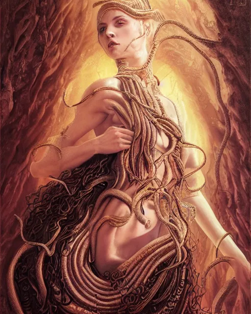 Prompt: portrait of the strangly beautiful young goddess of snakes, surreal, fantasy, intricate, elegant, dramatic lighting, emotionally evoking symbolic metaphor, highly detailed, lifelike, photorealistic, digital painting, painterly, artstation, concept art, smooth, head in focus, sharp focus, illustration, art by John Collier and Krenz Cushart and Artem Demura and Alphonse Mucha and Albert Aublet,