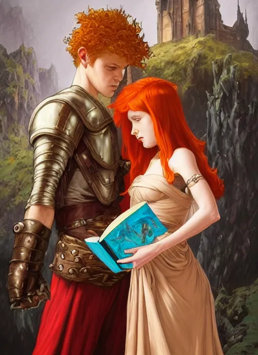 Image similar to an epic fantasy comic book style painting of a young red headed girl with a book in one arm meeting a young boy thief with blonde wearing plain brown leather thief clothes, d & d, fantasy, intricate, elegant, highly detailed, digital painting, artstation, concept art, matte, sharp focus, illustration, art by artgerm and greg rutkowski and alphonse mucha