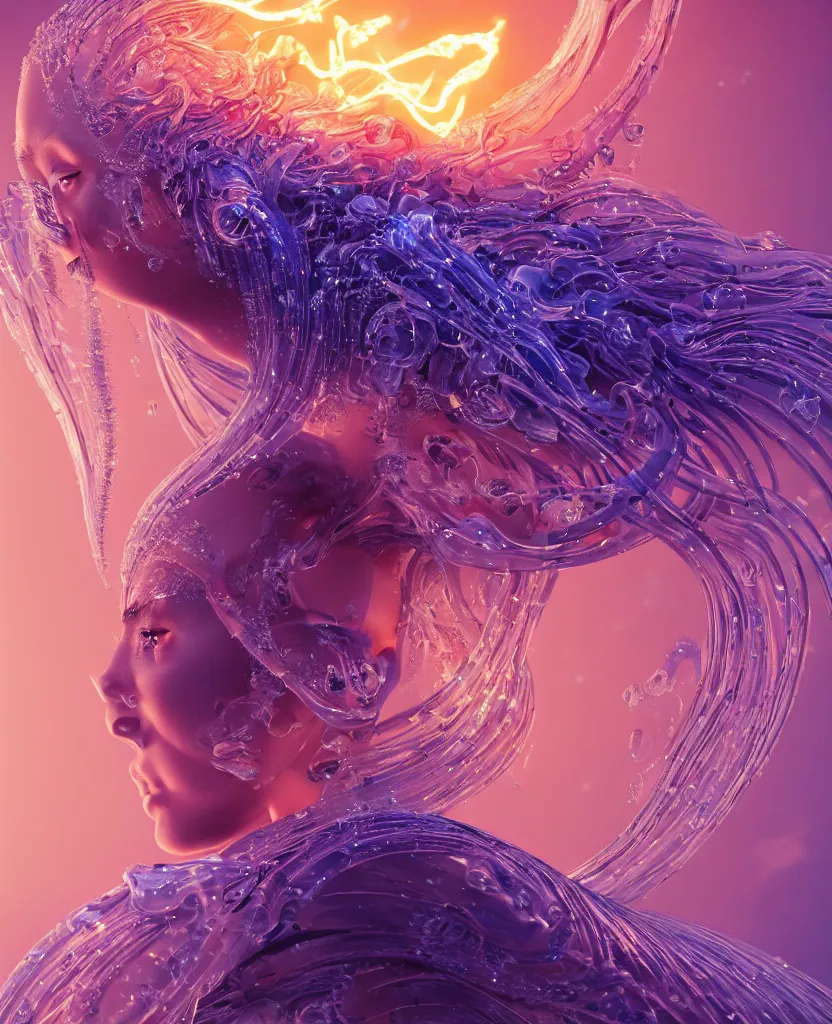 Image similar to close-up macro portrait of the face of a beautiful princess, epic angle and pose, symmetrical artwork, 3d with depth of field, blurred background, cybernetic jellyfish female face skull phoenix bird, translucent, nautilus, energy flows of water and fire. a highly detailed epic cinematic concept art CG render. made in Maya, Blender and Photoshop, octane render, excellent composition, cinematic dystopian brutalist atmosphere, dynamic dramatic cinematic lighting, aesthetic, very inspirational, arthouse. y Greg Rutkowski, Ilya Kuvshinov, WLOP, Stanley Artgerm Lau, Ruan Jia and Fenghua Zhong