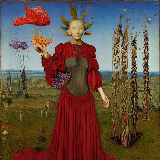 Image similar to a wide landscape with a tattood alien girl with fish scales and feathers swimming with flowers by jan van eyck, ernst fuchs, nicholas kalmakoff, joep hommerson, character, full body, catsuit, max ernst, hans holbein