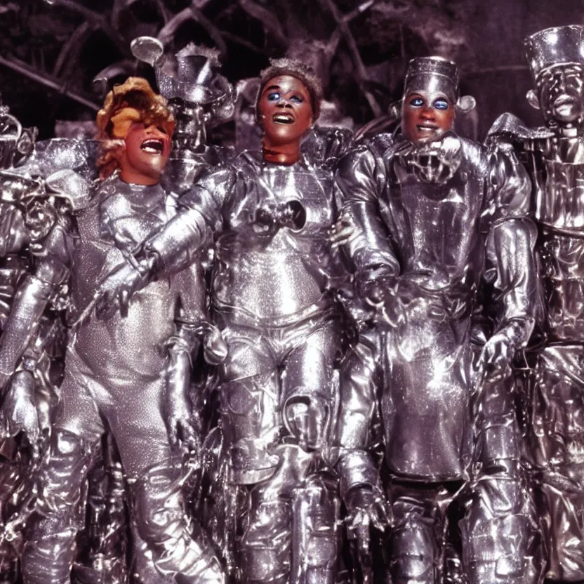 Prompt: a still from the movie the wiz the movie, futuristic cyborg tin man, happy singing & dancing, 4 k, highly detailed, award winning, look at all that detail!