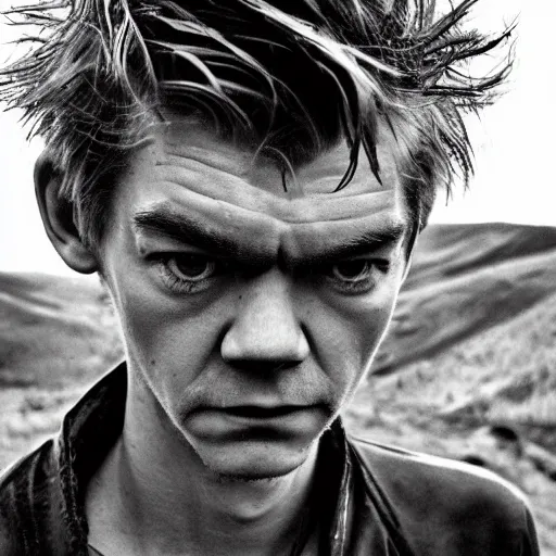 Prompt: detailed portrait of thomas sangster. looking angry. shirtless, tousled hair. muddy face. ominous and eerie looking forest in background.