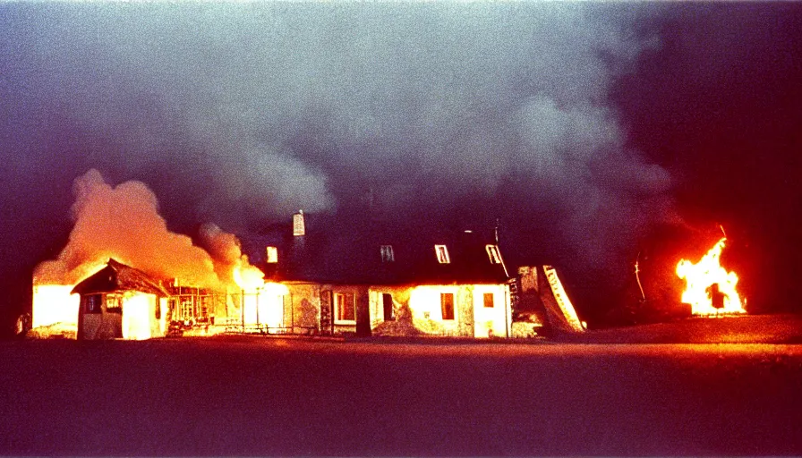 Image similar to 1 9 7 0 s movie still by andrei tarkovsky of a heavy burning french style little house in a small northern french village by night in autumn, cinestill 8 0 0 t 3 5 mm, heavy grain, high quality, high detail, dramatic light, anamorphic, flares