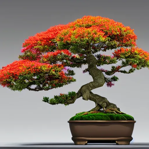 Image similar to bonsai tree animal with colorful flowered leaves detailed 3 d render 4 k