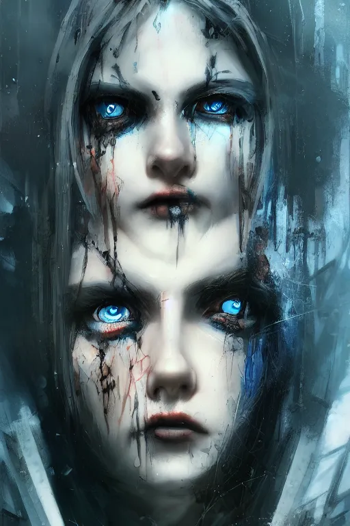 Prompt: gothic cyberpunk girl, post apocalyptic dystopian landscape, heavy blue eye makeup, half body portrait, melancholic expression, gloomy vibes, evanescence, gritty, anime, ruan jia, artstation