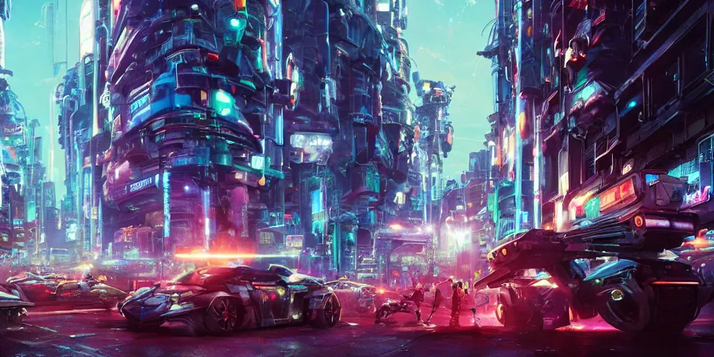 Prompt: exterior shot, ready player one, city streets , traffic , scifi futuristic vehicles, robots , people , neon lights, james gurney, katsuhiro otomo, james paick, cinematic lighting, artstation, vibrant nature, anime style, Craig Mullins, Greg Rutkowski, Pete Morbacher, Tuomas Korpi, tekkon kinreet, volumetric light, artstation, , octane render, redshift render, low angle camera, HDRI