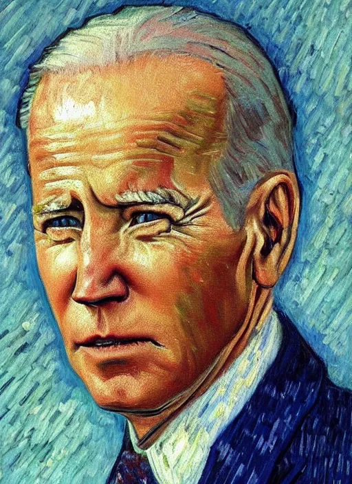 Prompt: lifelike oil painting portrait of joe biden by van gogh