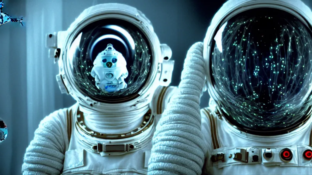 Image similar to a cybernetic symbiosis of a single astronaut eva suit made of wearing knitted yarn thread infected with diamond 3d fractal lace iridescent bubble 3d skin covered with insectoid compound eye camera lenses floats through the living room, film still from the movie directed by Denis Villeneuve with art direction by Salvador Dalí, wide lens,