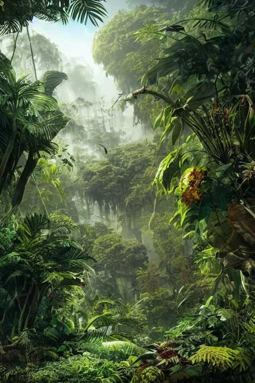 Image similar to a giant plant in the exotic jungle, landscape, alex ross, giga, david finch, concept art, matte painting, highly detailed, rule of thirds, dynamic lighting, cinematic, detailed, denoised, centerd