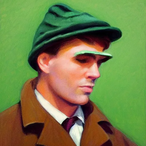 Prompt: a brown haired man wearing a green snow suit, detailed, edward hopper, trending on artstation,