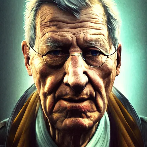 Prompt: elderly werner hertzog, hyperrealistic portrait, bladerunner street, disco elysium style, photo realistic, dynamic lighting, artstation, poster, volumetric lighting, very detailed face, 4 k, award winning