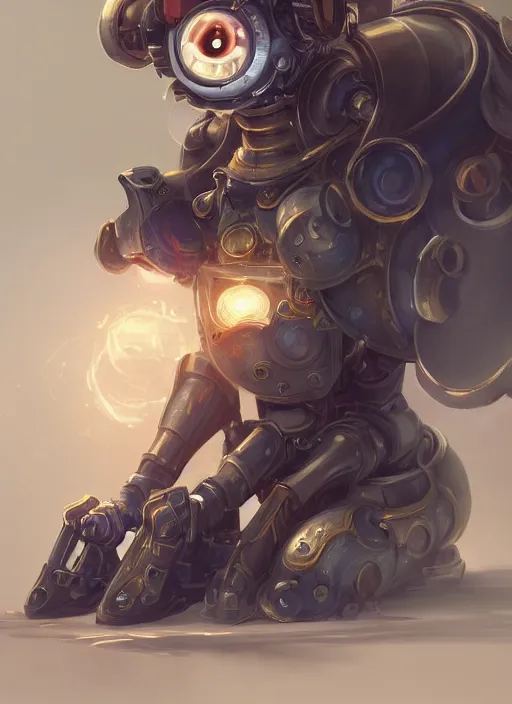 Prompt: a highly detailed illustration of gentle cute giant steampunk robot, cute glowing eyes and smile, adorably sitting gentle pose, intricate, elegant, highly detailed, centered, digital painting, artstation, concept art, smooth, sharp focus, league of legends concept art, WLOP