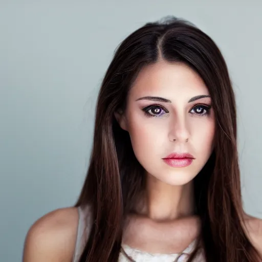 Prompt: portrait photo of a charismatic beautiful brunette female looking into the camera, indoors, f 1. 4, golden ratio, rim light, top light, overcast day