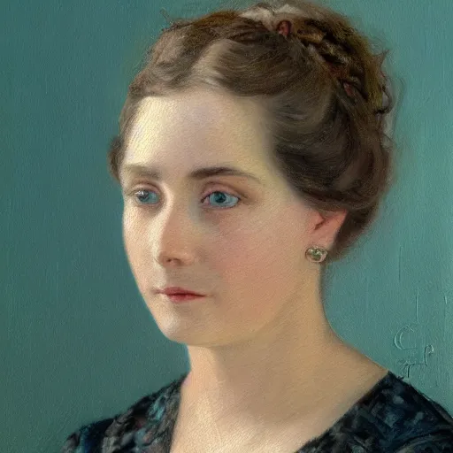 Image similar to portrait painting of a lady in a light blue dress 1 9 0 0 s entire face shown in great detail, looking at the camera, garden, photorealistic, extreme detail, sharp focus, 8 k, intricate, hyper detailed, realistic, cinematic lighting