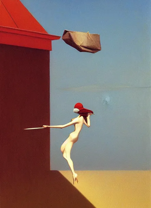 Image similar to woman flying with a paper bag over the head and a sward Edward Hopper and James Gilleard, Zdzislaw Beksinski, highly detailed