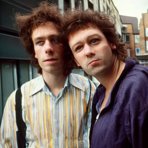 Prompt: headshot portrait of a pair of knackers neds schemie, tall and shorty, posing on a street, a thoughtful look, 1990s, movie shot
