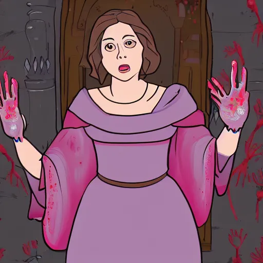 Image similar to rachel bloom as an animated princess looking at a statue of christ covered in bloody severed thief hands in a medieval world with lots of disease and cruelty, digital art