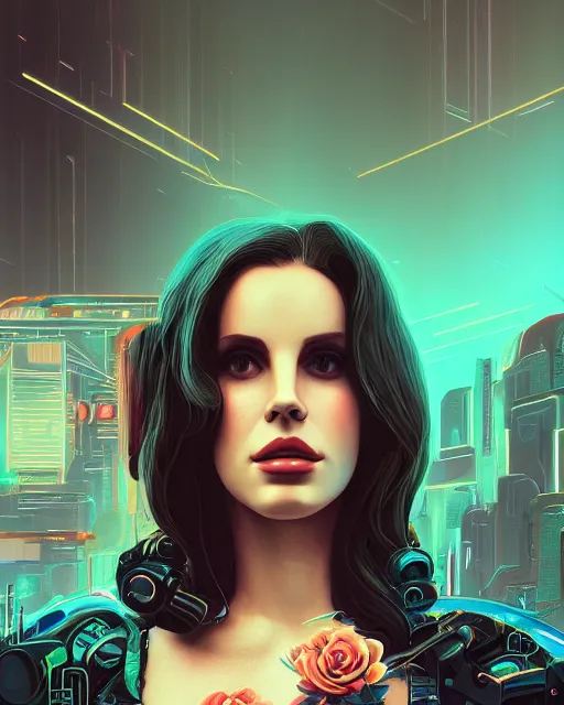 Image similar to portrait of lana del rey as a cyberpunk cyborg. roses, sci - fi, intricate abstract, upper body, intricate artwork, by tooth wu, wlop, beeple, dan mumford. concept art, 8 k octane render, deviantart, greg rutkowski, cinematic, key art, hyperrealism, iridescent accents